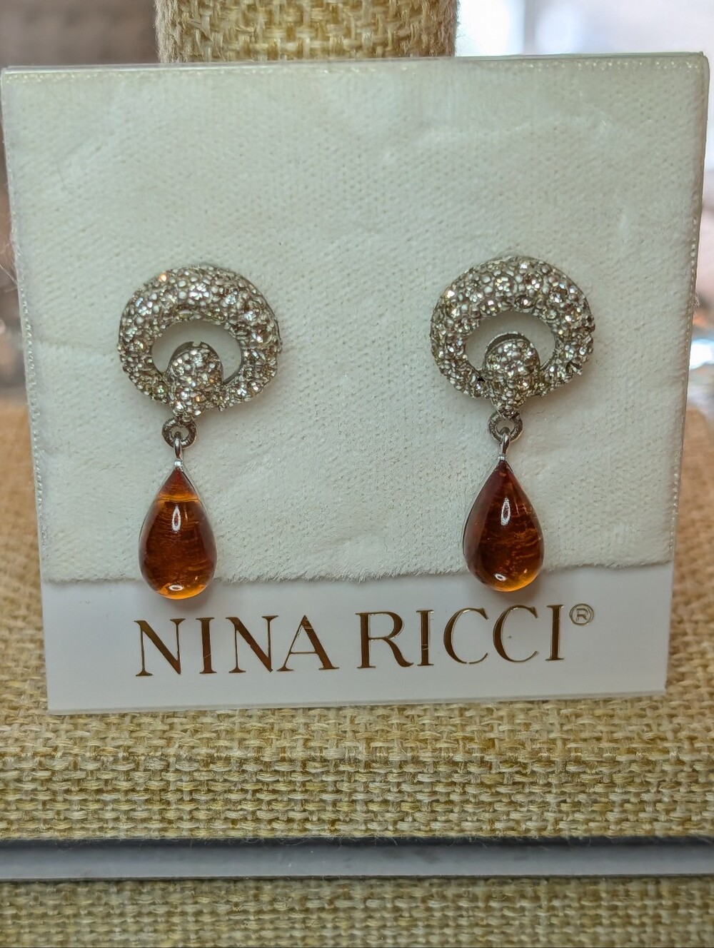 Nina Ricci Amber Teardrop Swavorski Crystal Drop Earrings NWT